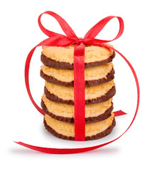 Chocolate chips cookies with red ribbon isolated on white