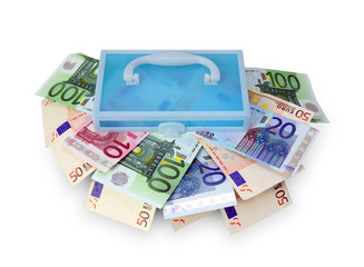 Plastic box with euro banknotes.