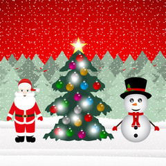 Snowman and Santa Claus with Christmas tree in the forest
