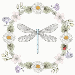 floral frame and dragonfly vintage engraving style