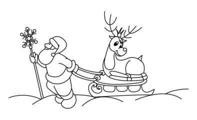Santa Claus with wild reindeer on sledge