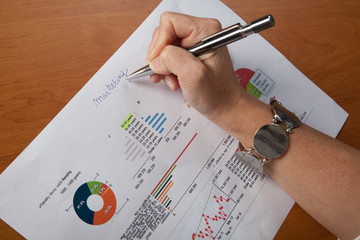 Marketing analyse documents with woman hand