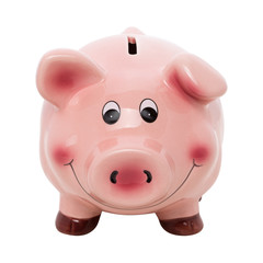 Funny pink piggy bank isolated over white