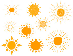 Set of Different Hand Drawn Suns, Vector Illustration