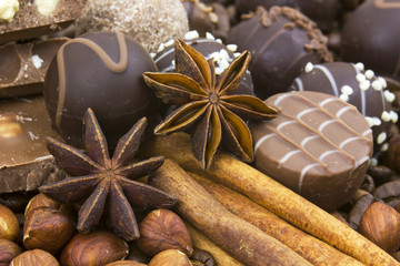 chocolate, coffee, spices and nuts