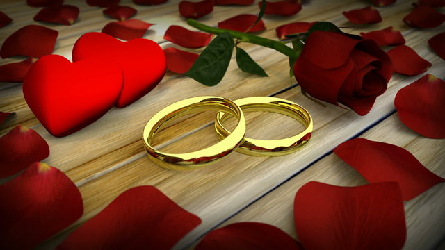 Two golden wedding rings and red rose with petals