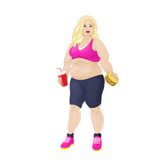 Fat overweight woman eat burger, junk fast food and drink,