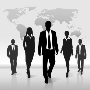 Business people group walk silhouette over world map