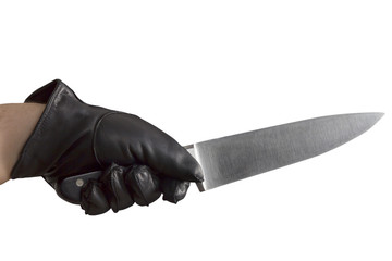 Hand in leather gloves holding knife
