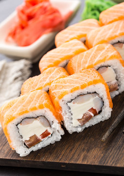 Sushi roll with salmon and shrimp