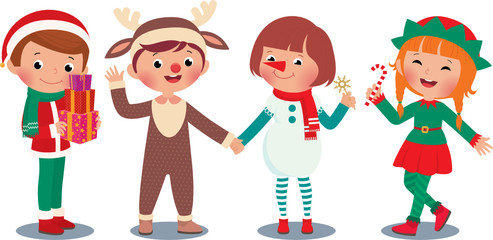 Children celebrating Christmas in Christmas Costumes
