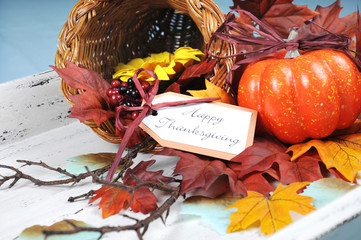 Happy Thanksgiving cornucopia on vintage tray setting
