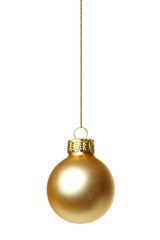 Single hanging gold Christmas ornament isolated on white