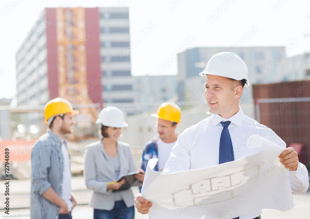 Poster group of builders with tablet pc and blueprint