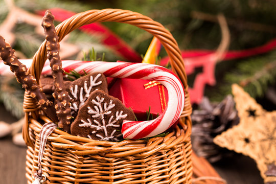 Basket of Christmas decorations closeup