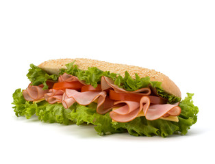 fast food baguette sandwich with lettuce, tomato, ham and chees