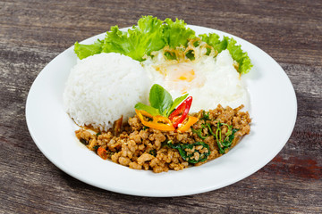 Rice topped with stir fried minced pork and basil