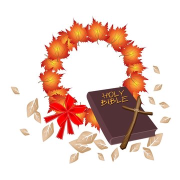 Holy Bible with Christmas Wreath of Orange Maple