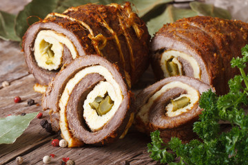 Beef tenderloin stuffed with scrambled eggs and cucumbers