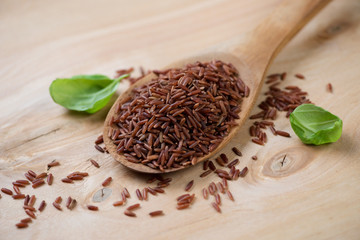 Wooden spoon with raw red rice kernels, close-up