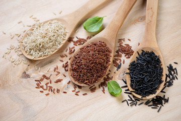 Brown, red and black rice kernels in wooden spoons, close-up