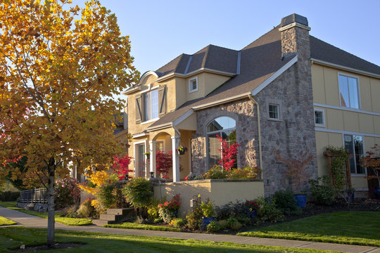 Colorful residential house with plants.