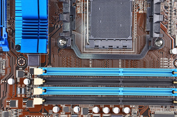 Printed computer motherboard, CPU socket, close up