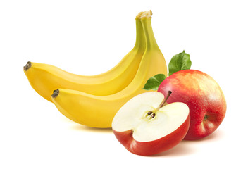 Banana and apple isolated on white background