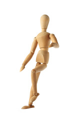 mannequin old wooden dummy acting about soccer isolated on white