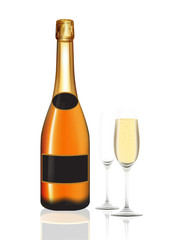 Champagne orange bottle and two champagne glass on white