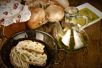 Olive oil, bread, onions and canned tomatoes