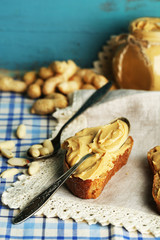 Tasty sandwich with fresh peanut butter, close up