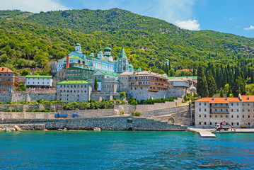 Fototapeta na wymiar Famous Russian Monastery Panteleimonos on Mount Athos, Chalkidik