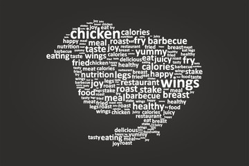 Fototapeta na wymiar Baby Chicken Shape Food Word Cloud On Blackboard