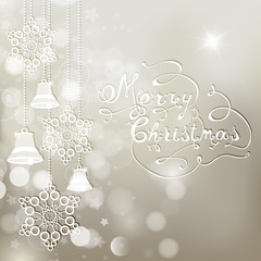 Silver christmas background with bells and snowflakes