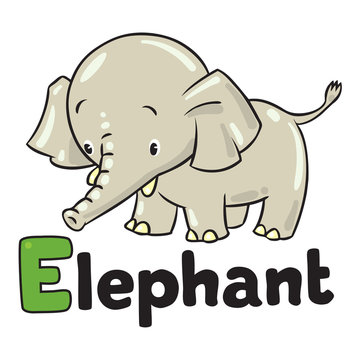 Little funny elephant or jumbo. Alphabet E