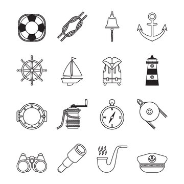 Set of black line yachting and sailing icons