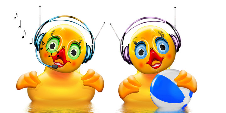 zwei musikalische Badeenten mit Kopfh&ouml;rer und Badeball