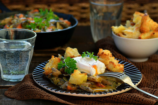 mushroom ragout with poshed  egg