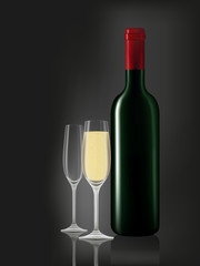 Wine bottle and emtry glass on black