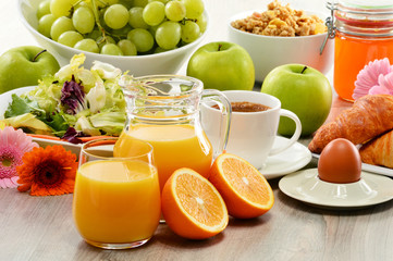 Composition with breakfast on the table. Balnced diet.