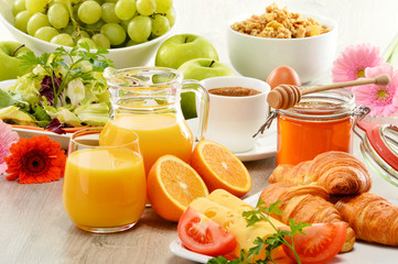 Composition with breakfast on the table. Balnced diet.
