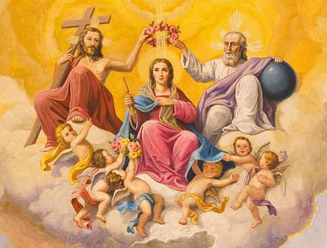 Seville - Neo-baroque fresco of Coronation of Virgin Mary