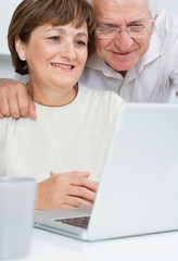 Seniors couple using a laptop computer with a loving