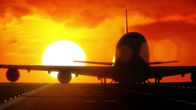 Plane departs from runway as silhouette in front of large sunset