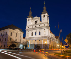 Fototapeta na wymiar Trnava - The Saint John the Baptist cathedral at dusk.