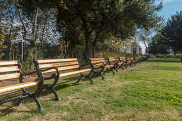 Row of wooden benches