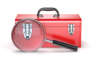Red toolbox with magnifying glass