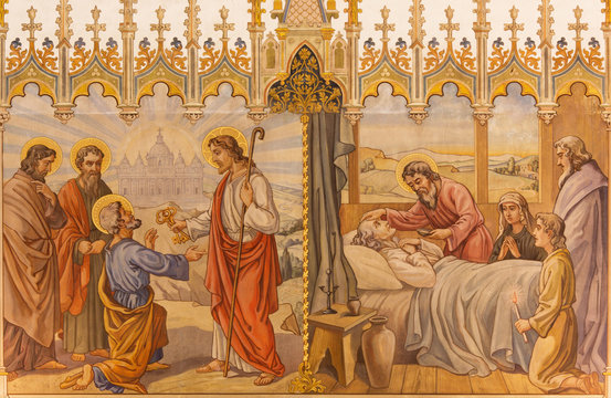 Fresco - Jesus give keys to Peter and scene Apostles at viaticum