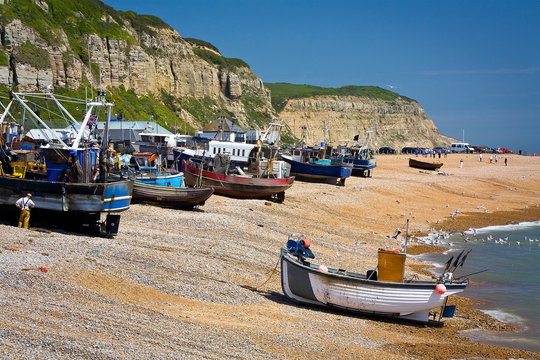Fishing boats on the beach in Hastings, East Sussex, UK.